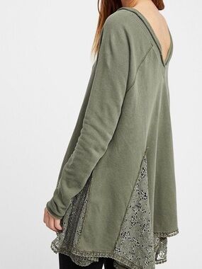 Free People No Frills Boho Tunic Olive Green Lace Eyelet Long Sleeve Top Small